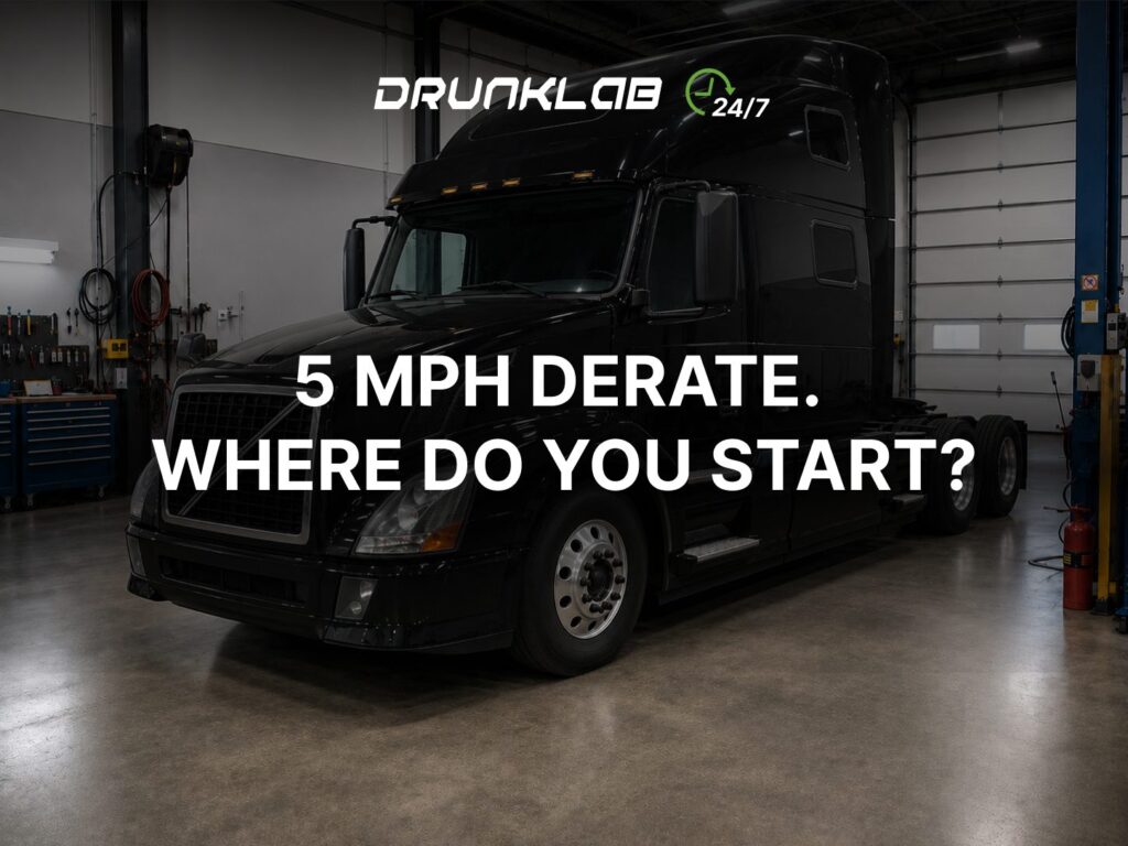 Black Volvo in the shop with the text “5 MPH DERATE. WHERE DO YOU START?