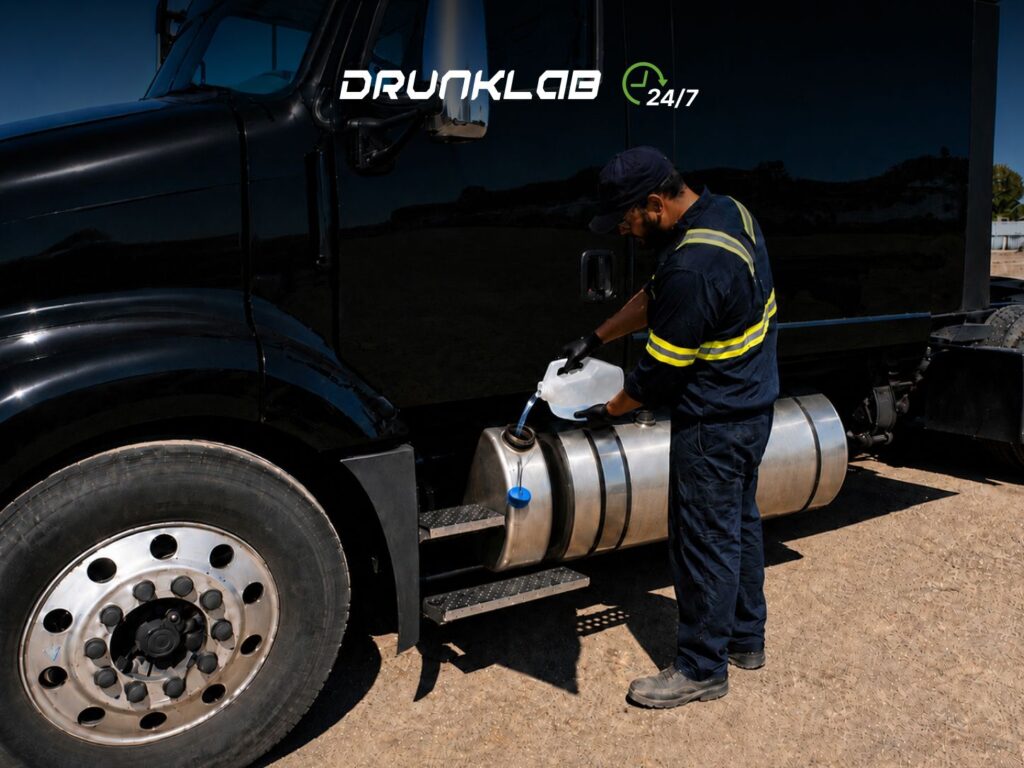 Driver refilling the DEF tank on a black truck