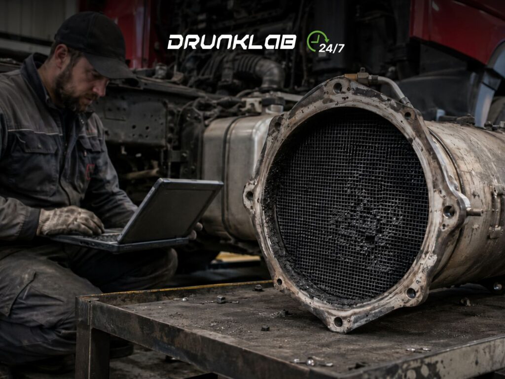 Technician with a laptop next to a heavily clogged DPF on the workbench