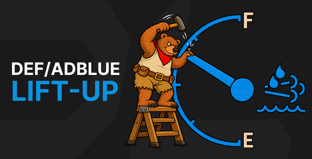 Cartoon bear on a ladder adjusting a DEF/AdBlue gauge needle, beside the words “DEF/AdBlue Lift-Up.