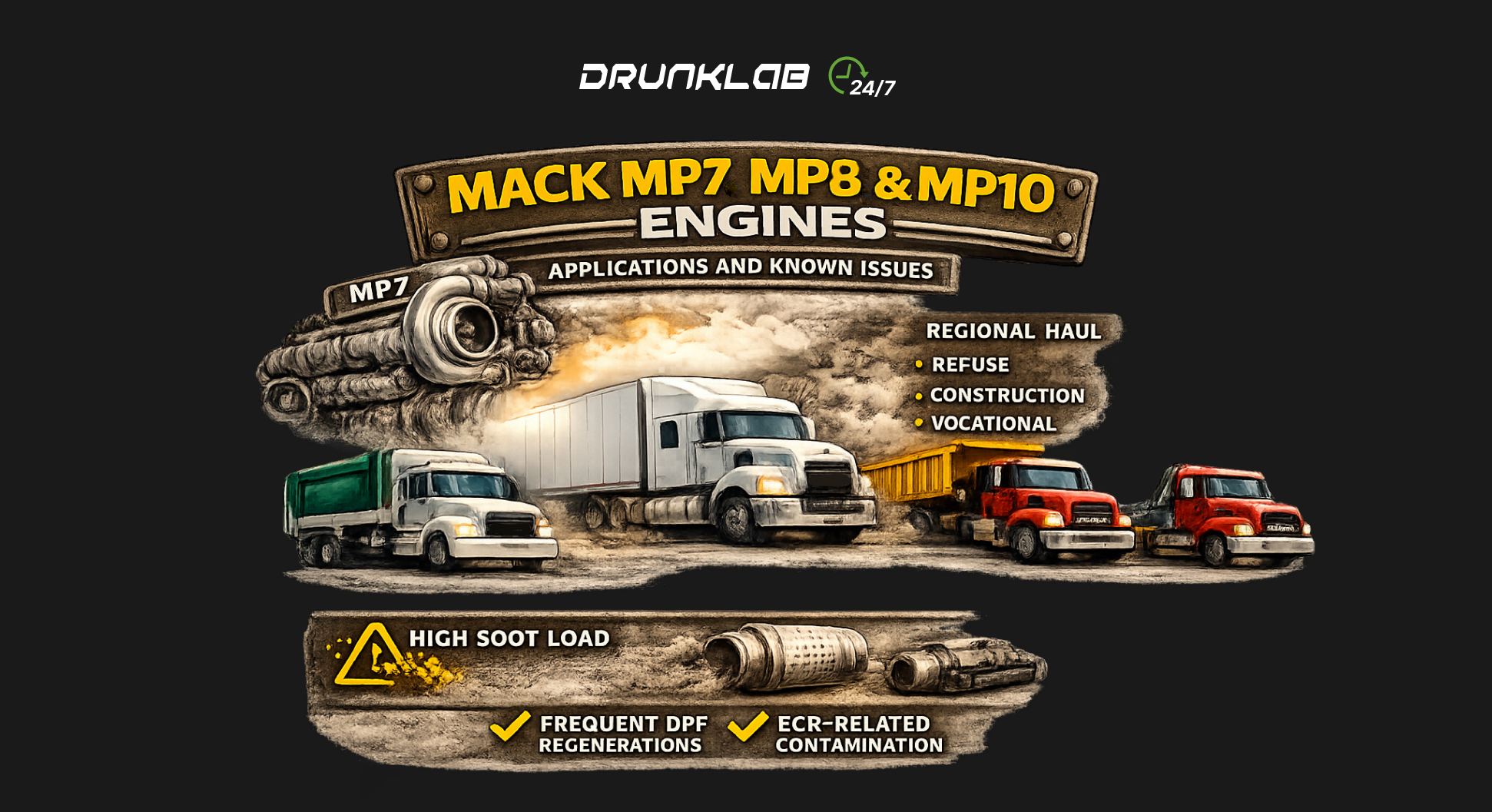 Infographic of Mack MP7, MP8, and MP10 engines highlighting common emissions failures like DPF soot overload, DEF crystallization, and EGR intake fouling.