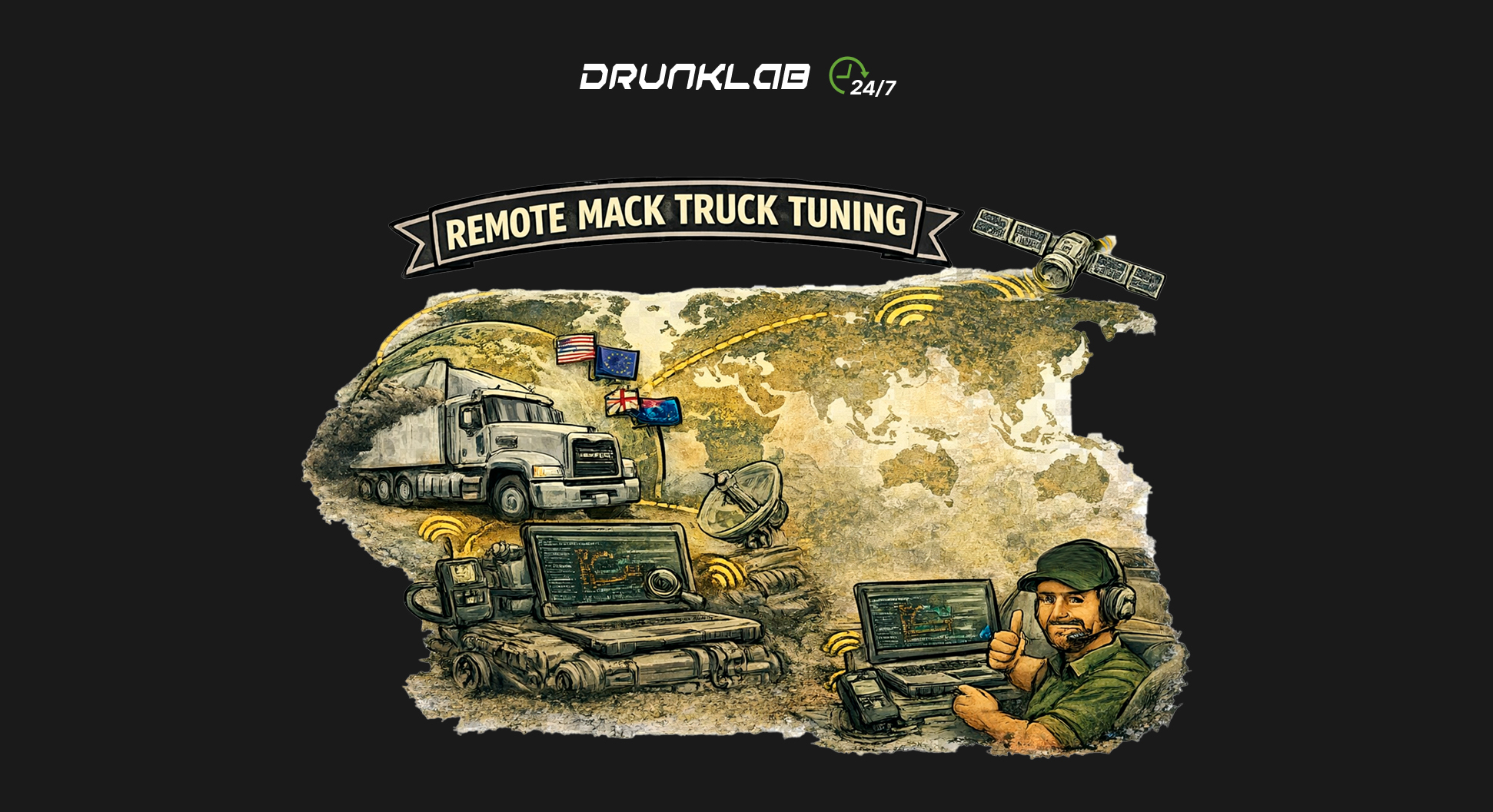 Worldwide remote Mack truck tuning map showing ECU programming for DPF, EGR, and SCR deletes using the Mochester App and RP1210C adapters.