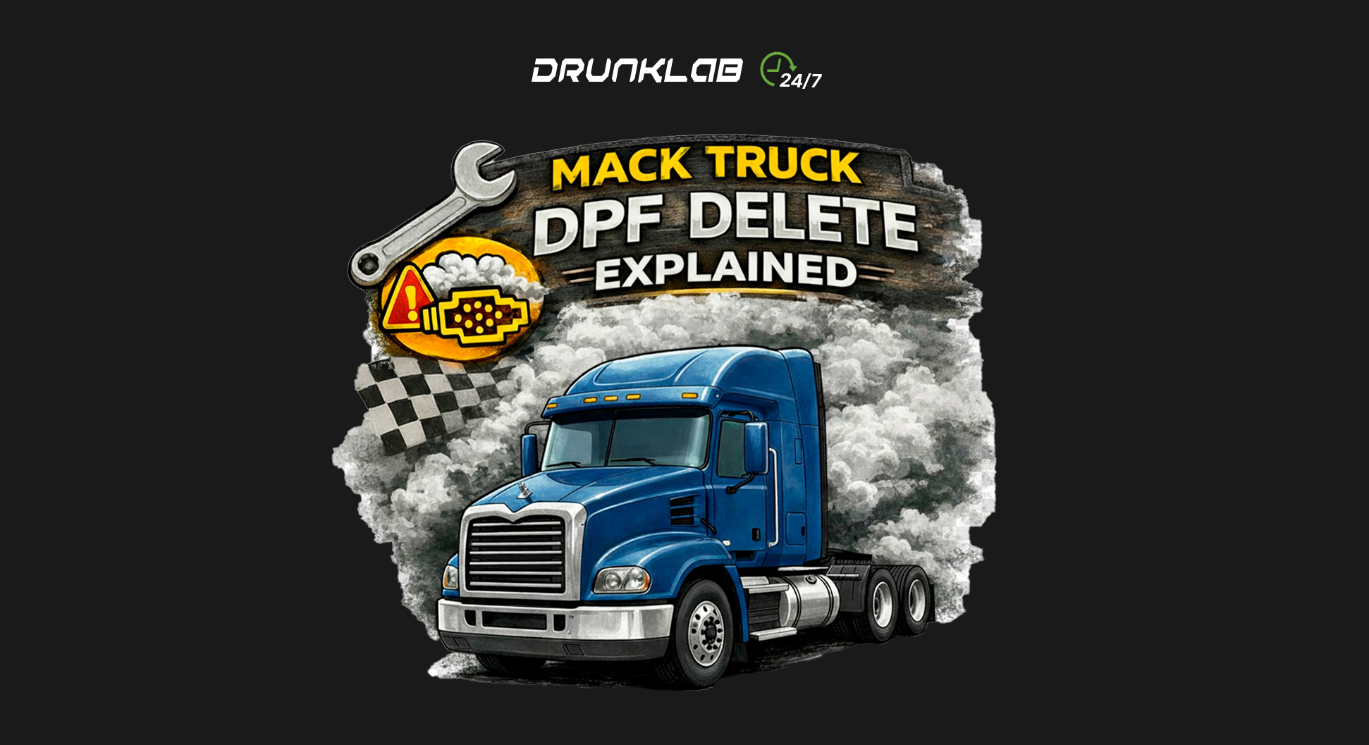 Mack truck DPF delete illustration showing increased horsepower and the elimination of diesel particulate filter regeneration cycles.