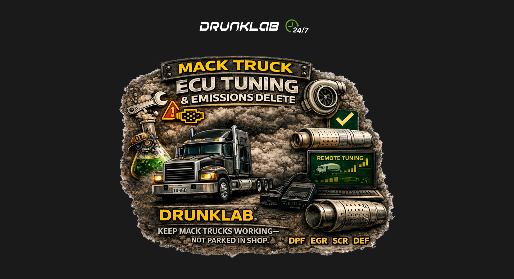 Professional Mack truck ECU tuning by DrunkLab engineers using Mochester App for remote DPF and EGR delete services.