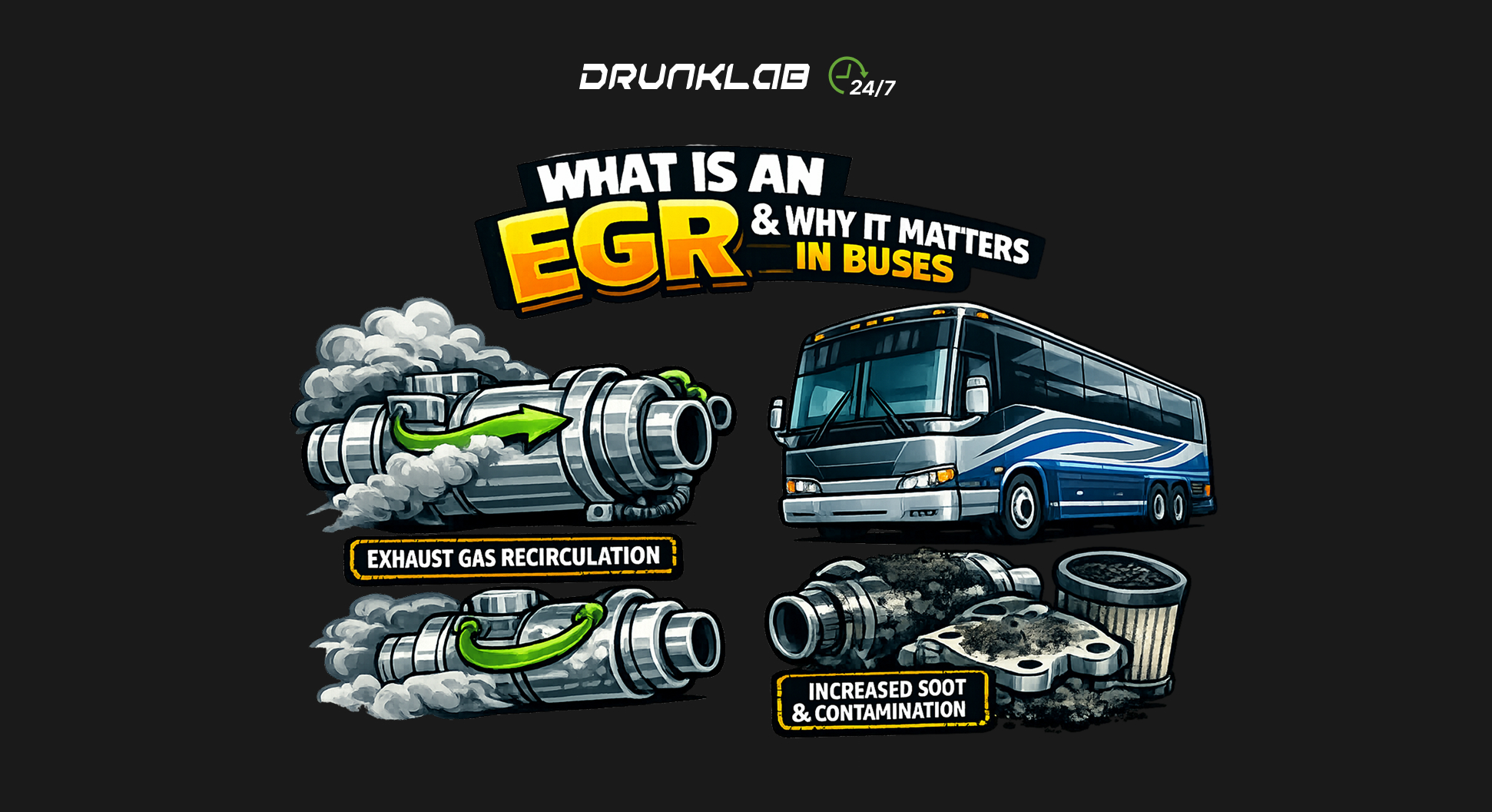 Diagram of clear air intake and soot accumulation of Ventus motorcoach Volvo D13 engine after EGR delete recalibration.