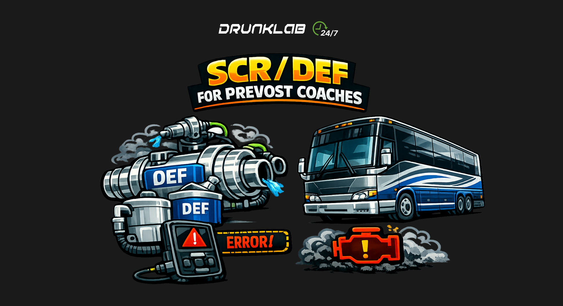 Illustration of a Prevost Motorcoach Volvo D13 engine depicts the clean air intake and the reduced soot accumulation post EGR delete recalibration.