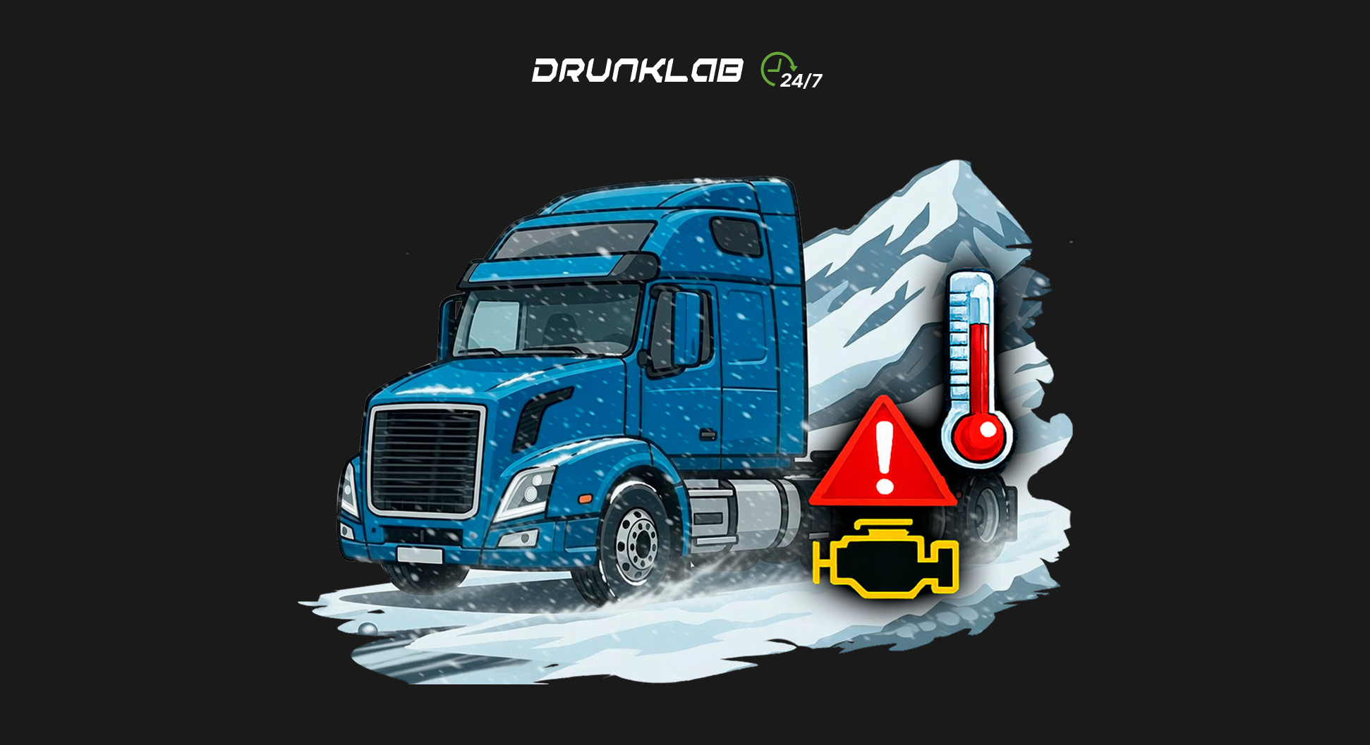 Volvo D13 semi truck in cold weather with check engine light and temperature warning indicating derate condition