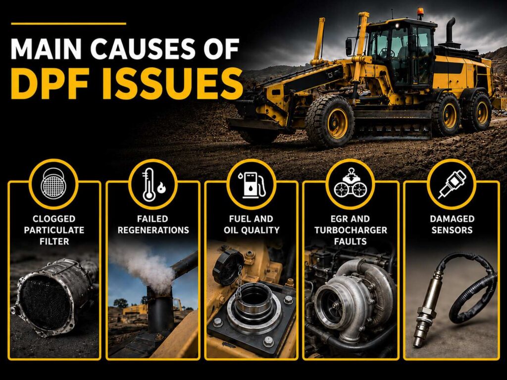 Infographic showing the main causes of DPF issues in heavy construction equipment