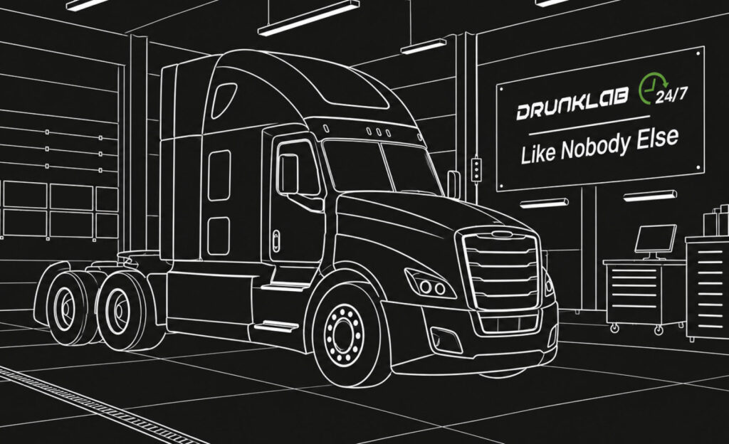 White line illustration of a sleeper semi-truck in a workshop with tool cabinets, a computer, and a DrunkLab wall sign.