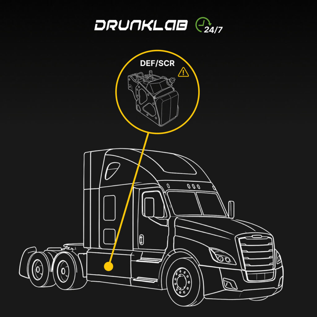 Semi-truck line illustration with a yellow DEF/SCR callout showing a tank assembly and warning symbol.
