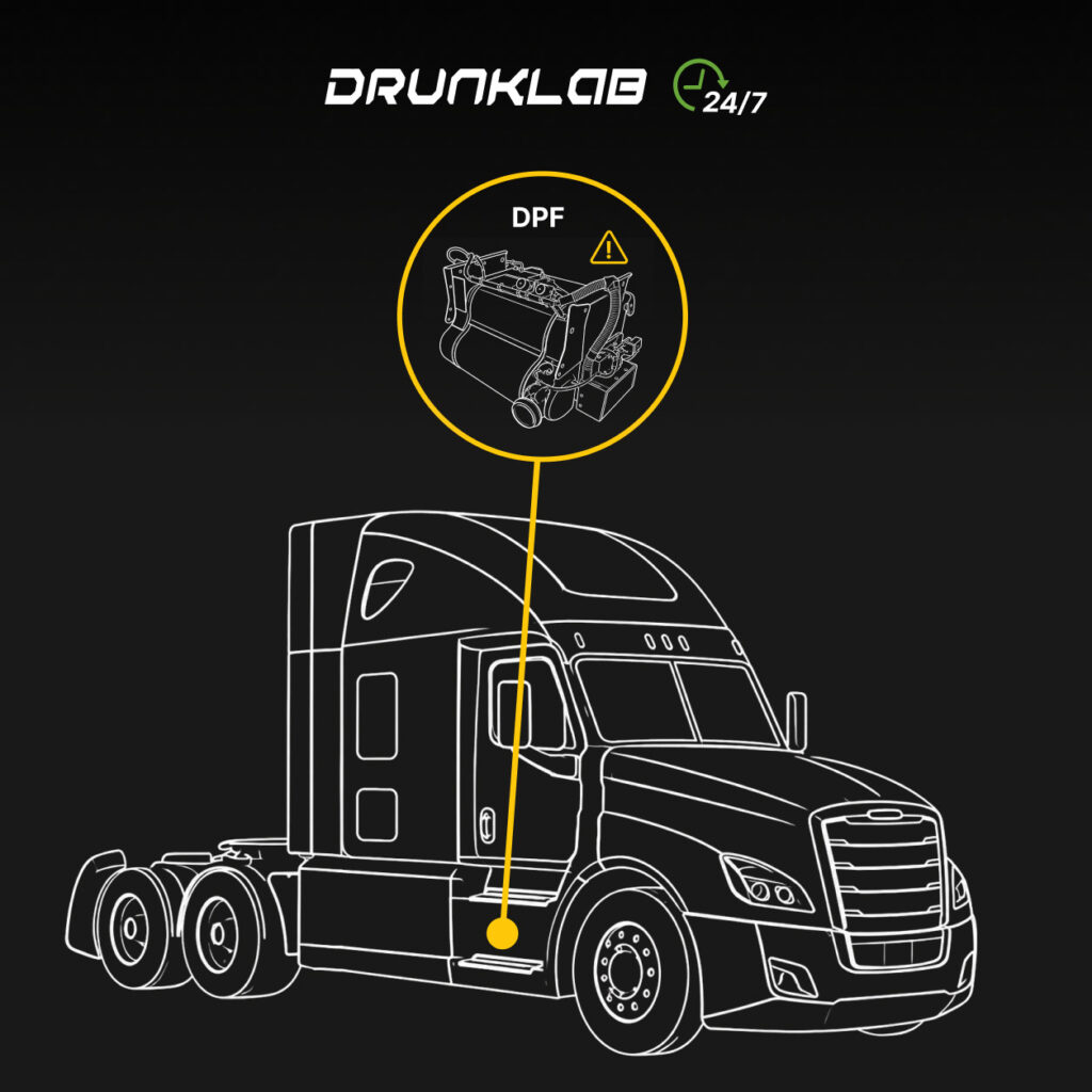 Semi-truck line illustration with a yellow DPF callout showing an aftertreatment assembly and warning symbol.