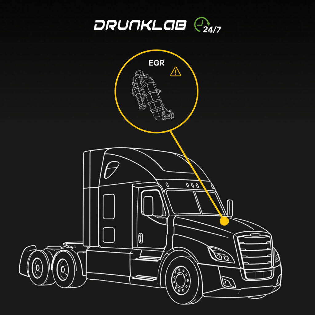 Semi-truck line illustration with a yellow EGR callout showing a cylindrical component assembly and warning symbol.