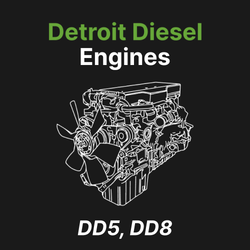 White engine outline on a black background with the labels “Detroit Diesel Engines” and “DD5, DD8.”