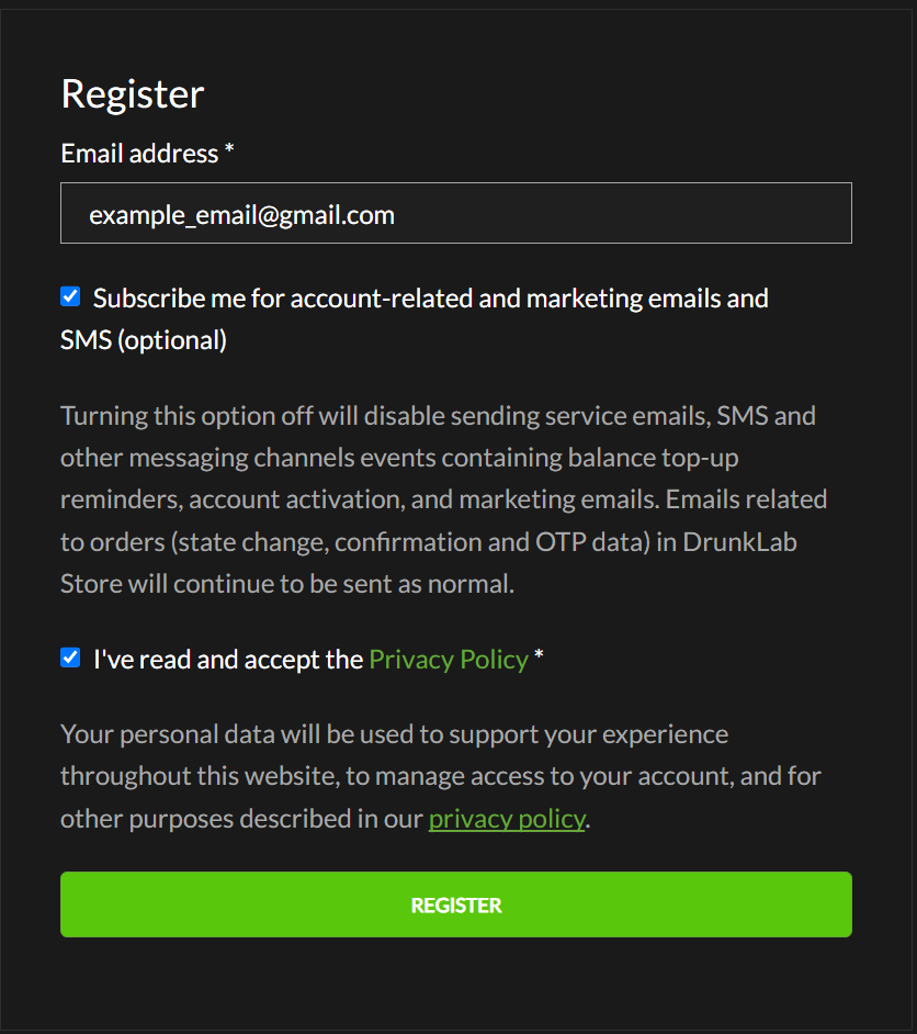 Register with Your Email at DrunkLab Store DL.ge