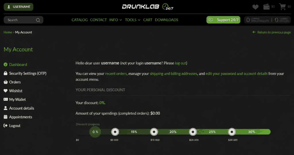 DrunkLab customer account dashboard with personal discount progress bar and menu