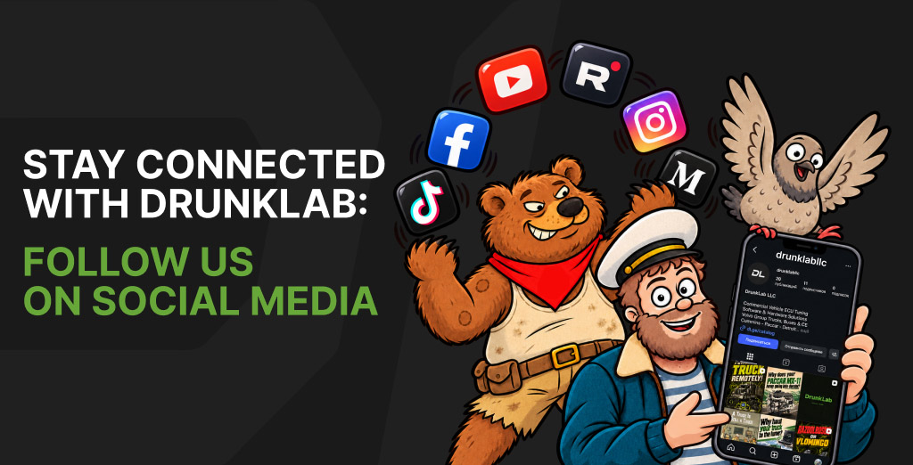 DrunkLab Captain, bear, and pigeon beside a phone showing the DrunkLab Instagram profile, with six social platform icons and the message “Stay connected with DrunkLab: Follow us on social media.”