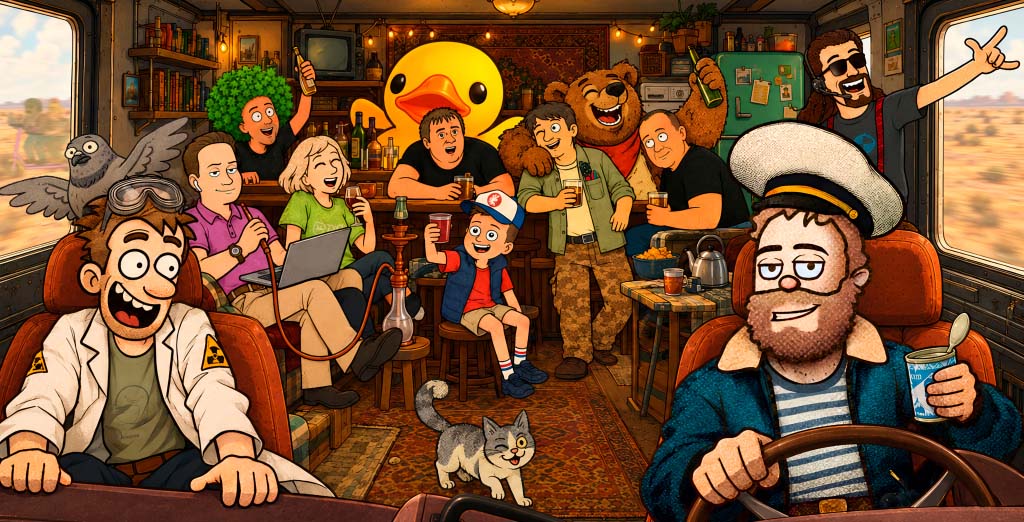 Cartoon illustration of the DrunkLab crew and mascots, with the Captain at the wheel.